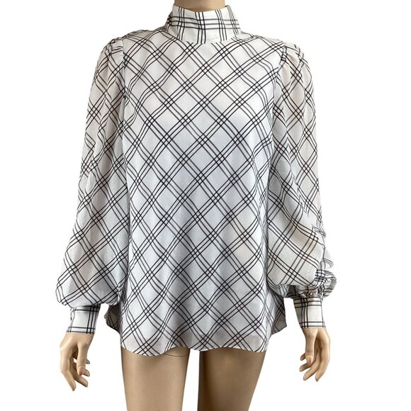 Ted Baker London Top Size 3 Medium High Neck Long Sleeve Blouse Checked - Picture 1 of 8